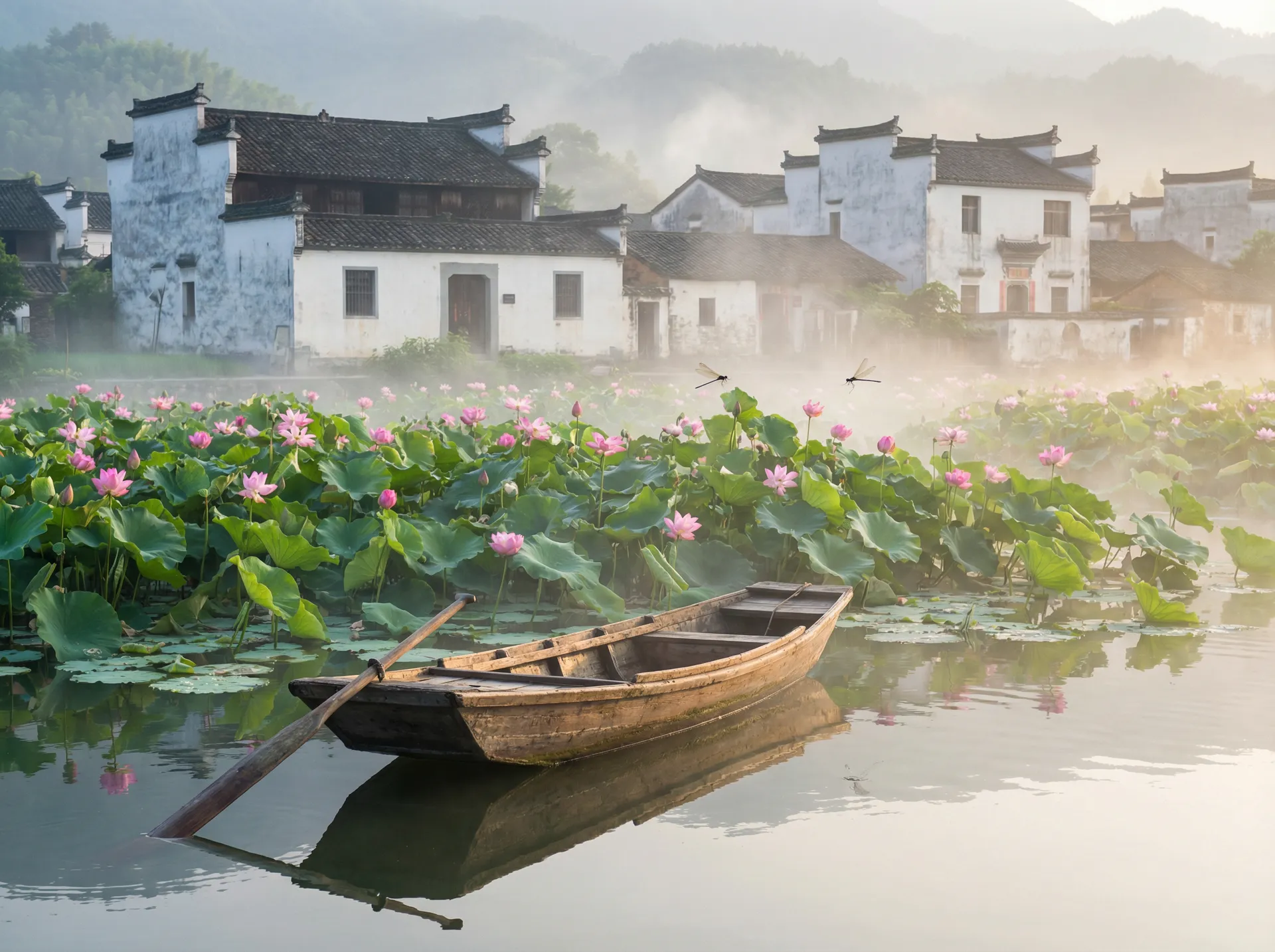 清晨荷塘小舟，粉色荷花盛开，白墙黑瓦的村庄 - 江南百景图兑换码 水乡风情